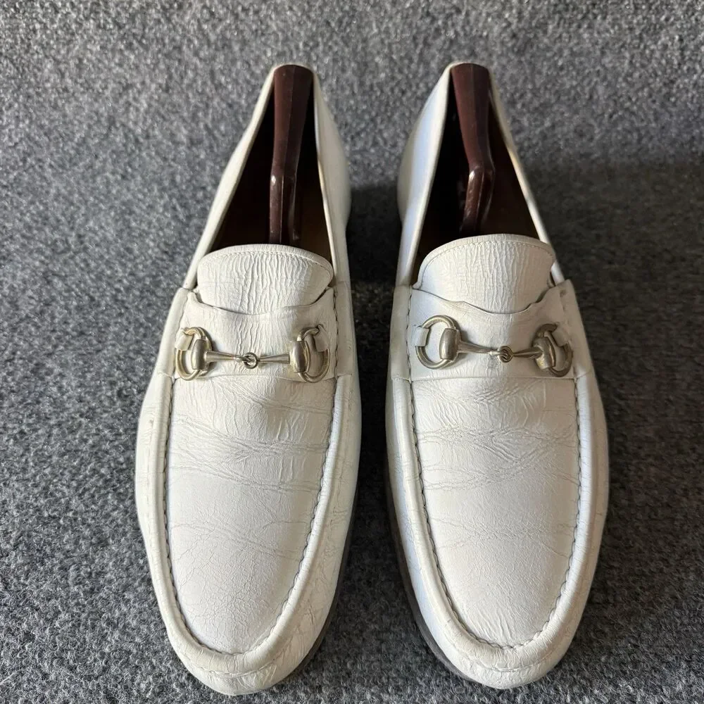 VTG Gucci White Leather Horsebit Loafers Made in Italy Classic Luxury Shoes 46.5